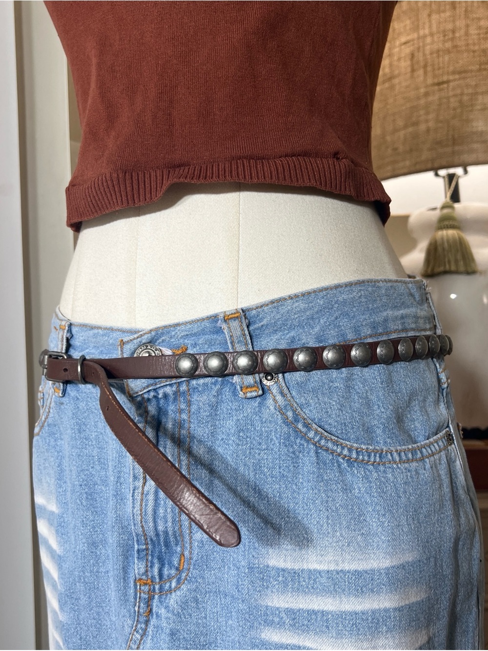 Women’s Brown Leather Studded Waist Belt - Vintage Silver Accents